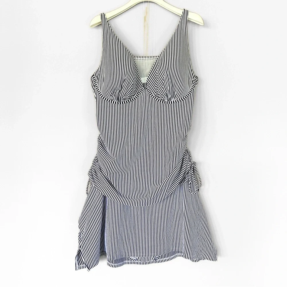 Cacique Swim Suit 42DDD Top sz 24 Bottom Navy White Seersucker Tankini Plunge - Picture 3 of 15